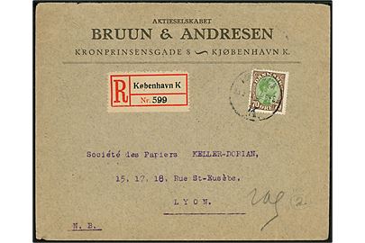 70 øre Chr. X single på anbefalet brev fra Kjøbenhavn d. 28.3.1922 til Lyon, Frankrig.