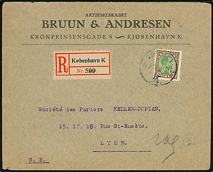 70 øre Chr. X single på anbefalet brev fra Kjøbenhavn d. 28.3.1922 til Lyon, Frankrig.