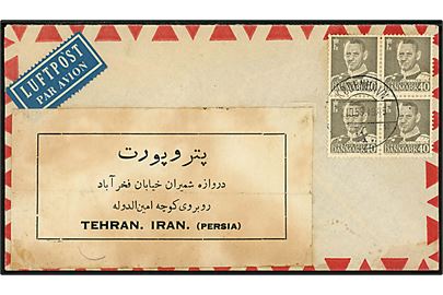 40 øre Fr. IX i fireblok på luftpostbrev fra København d. 27.10.1955 til Tehran, Iran.