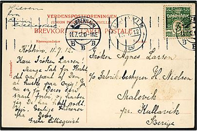 5 øre Bølgelinie med perfin USMC (= United Shoe Machinery Company) på brevkort fra Kjøbenhavn d. 11.7.1912 til Kullavik, Sverige.