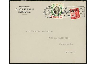 20 øre Karavel med perfin C.O. og Julemærke 1942 på fortrykt kuvert fra firma C. Olesen i Odense d. 11.12.1942 til Horsens. Perfin benyttet ca. 2 år senere end registreret i katalog.