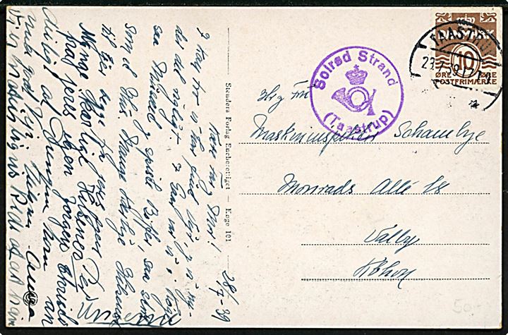 10 øre Bølgelinie på brevkort annulleret Taastrup d. 28.7.1939 og sidestemplet med posthornstempel Solrød Strand (Taastrup) til København, Valby.