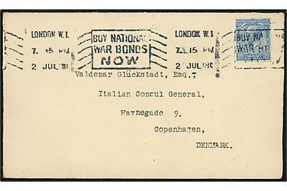 Britisk 2½d George V på brev fra London d. 2.7.1918 til Valdemar Glückstadt, Italiensk generalkonsul, København, Danmark. Åbnet af britisk censur med banderole no. 1433 og 4134.