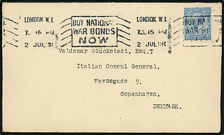 Britisk 2½d George V på brev fra London d. 2.7.1918 til Valdemar Glückstadt, Italiensk generalkonsul, København, Danmark. Åbnet af britisk censur med banderole no. 1433 og 4134.