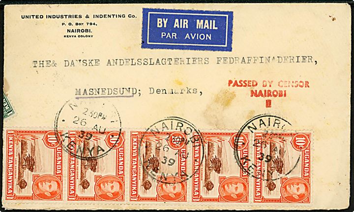 5 c. (5) og 10 c. (5) George V på for- og bagside af luftpostbrev fra Nairobi d. 26.8.1939 til Masnedsund, Danmark. Passér stemplet ved den britiske censur: PASSED BY CENSOR NAIROBI.