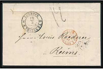 1856. Portobrev stemplet Luebeck F.TH.u.TAX.P.A. d. 13.3.1856 til Reims, Frankrig. Flere transit stempler.