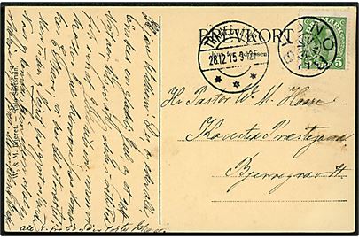 5 øre Chr. X på brevkort annulleret med stjernestempel NORDBY og sidestemplet Tranebjærg d. 28.12.1915 til Bjerregrav.