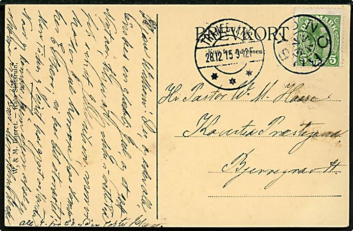 5 øre Chr. X på brevkort annulleret med stjernestempel NORDBY og sidestemplet Tranebjærg d. 28.12.1915 til Bjerregrav.