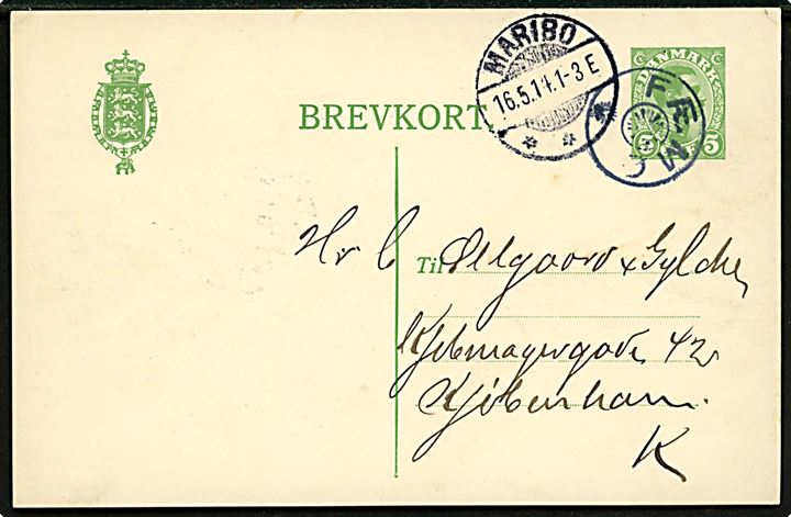 5 øre Chr. X helsagsbrevkort annulleret med stjernestempel FÆMØ og sidestemplet Maribo d. 16.5.1914 til København. 
