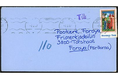 1 kr. på underfrankeret brev fra Umeå d. 7.3.1977 til Tórshavn, Færøerne. Violet portostempel T 10/140 og udtakseret i 110 øre porto.