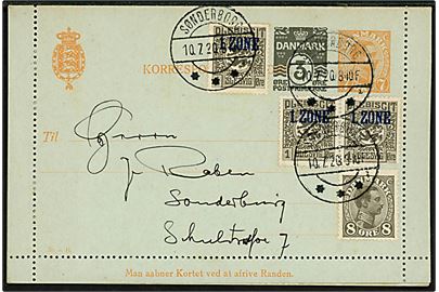 7+3 øre provisorisk helsags korrespondancekort (fabr. 30-H) opfrankeret med dansk 8 øre Chr. X og 1 øre 1. Zone (3) annulleret med brotype IIb Sønderborg sn1 d. 10.7.1920 til Sønderborg. Et mærke med skade. 