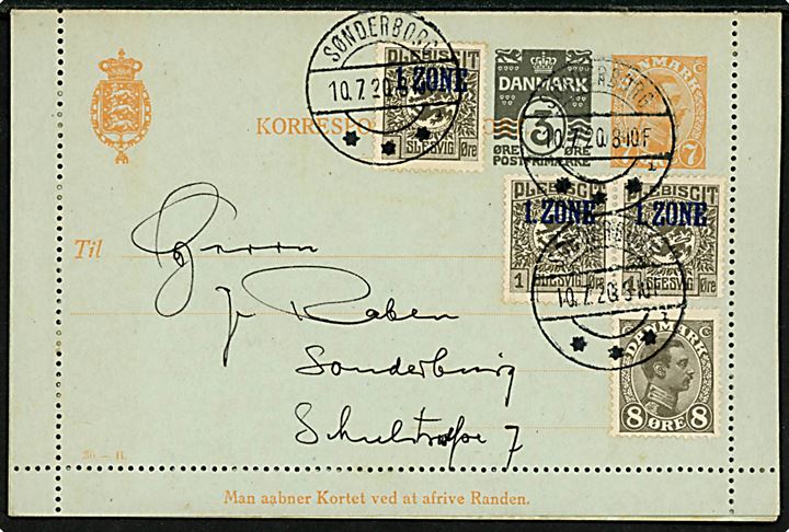 7+3 øre provisorisk helsags korrespondancekort (fabr. 30-H) opfrankeret med dansk 8 øre Chr. X og 1 øre 1. Zone (3) annulleret med brotype IIb Sønderborg sn1 d. 10.7.1920 til Sønderborg. Et mærke med skade. 