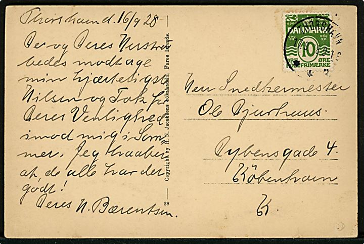 Torshavn. Østervaag. H.N. Jacobsen no. 28. Med 10 øre bølgelinie, annulleret Thorshavn d. 17.09.1928 til København. 