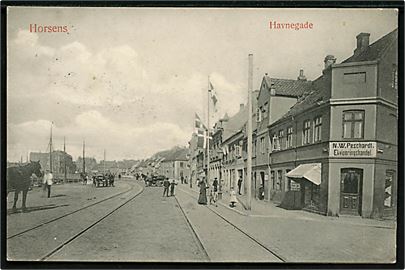 Horsens, Havnegade med N. W. Peschardt's Ekviperingshandel og jernbanespor. W. & M. no. 166.
