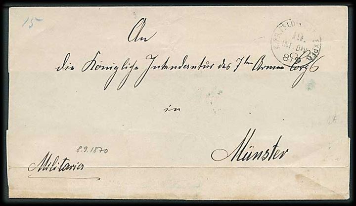 Tysk-Franske Krig. Ufrankeret Militaria brev stemplet K.PR.FELD-POST-EXPED: 19. INF: DIV: d. 8.9.1870 til Münster. Del af bagside mangler.