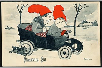Fritz Kraul: Nissepar i automobil. Glædelig Jul. Stenders u/no. Frankeret med 5 øre Fr. VIII og Julemærke 1911 stemplet Stubbekjøbing d. 24.12.1911 til Vesterby på Fejø.