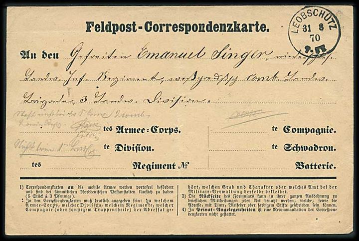Tysk-Franske Krig. Fortrykt Feldpost-Correspondanzkarte fra Leoschütz d. 31.8.1870 til militæradresse.