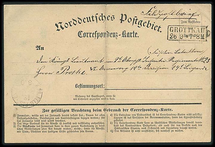 Tysk-Franske Krig. Norddeutsches Postgebiet Correspondenz-Karte anvendt som feltpost fra Grottkau d. 26.9.1870 til soldat ved Inf. Regt. 23. Ank.stemplet K.Pr.Feld-Post-Exped. 12. Inf. Div. d. 3.10.1870.