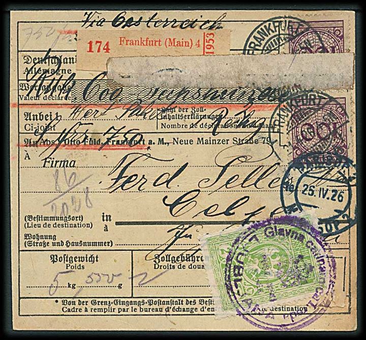 100 pfg. Ciffer (4) på for- og bagside af internationalt adressekort for pakke fra Frankfurt d. 21.4.1926 til Celje, Jugoslavien. 2 din. jugoslavisk gebyrmærke stemplet Ljubljana.