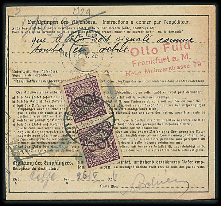100 pfg. Ciffer (4) på for- og bagside af internationalt adressekort for pakke fra Frankfurt d. 21.4.1926 til Celje, Jugoslavien. 2 din. jugoslavisk gebyrmærke stemplet Ljubljana.