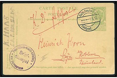 Erobret belgisk 5 c. helsagsbrevkort annulleret med tysk feltpoststempel Kais. Deutsche Feldpost d. 1.5.1917 til Tyskland.