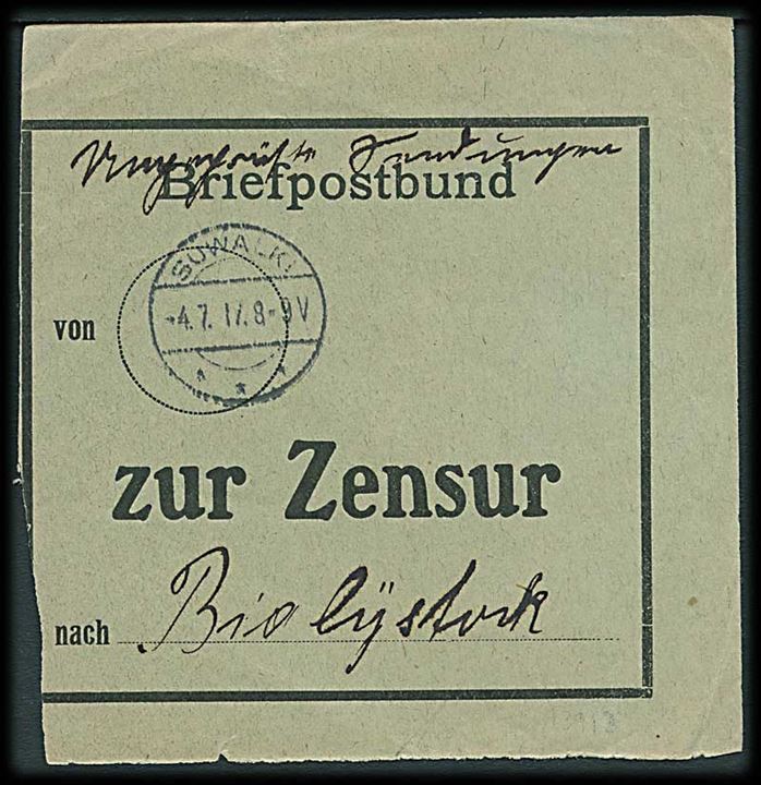 Postgebiet Ob. Ost. Fortrykt brevbundtseddel fra Sulwaki d. 4.7.1917 med ucensurerede forsendelser til censur i Bialystok.