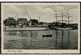 Tyskland, Flensburg, havn med dampskib Kaiser og 3-mastet sejlskib. 