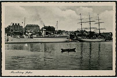 Tyskland, Flensburg, havn med dampskib Kaiser og 3-mastet sejlskib. 