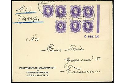 7 øre Chr. X 60 år (7), bl.a. fireblok med maginal-nr. 389G, på brev med postopkrævning fra København d. 5.3.1933 til Fredericia.