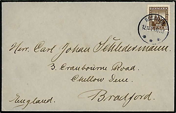40 øre Genforening single på brev fra Roskilde d. 12.11.1921 til Bradford, England.