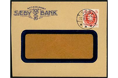 15 øre Chr. X 60 år single på lille rudekuvert fra Aktieselskabet Sæby Bank annulleret Sæby d. 16.9.1931.