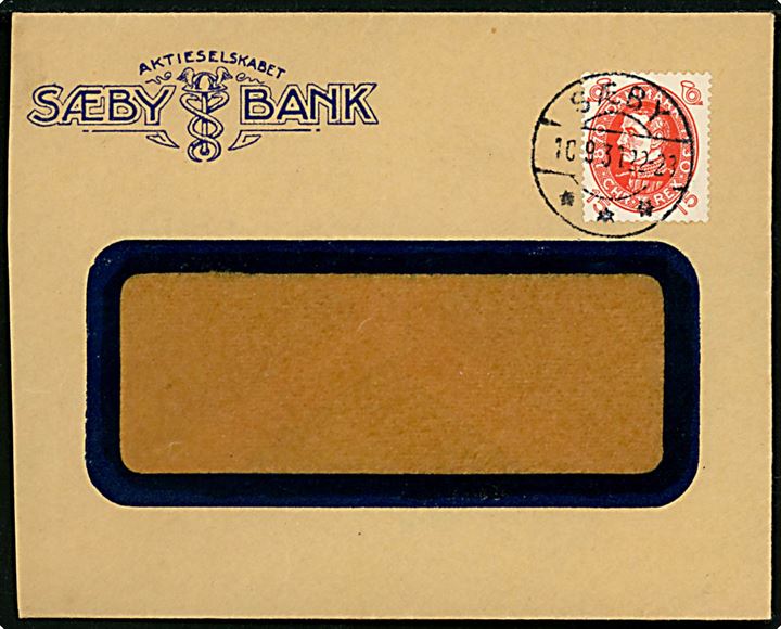 15 øre Chr. X 60 år single på lille rudekuvert fra Aktieselskabet Sæby Bank annulleret Sæby d. 16.9.1931.