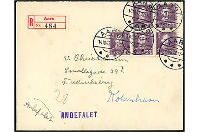10 øre Chr. X (5) på anbefalet brev annulleret med brotype IIc Aars d. 14.10.1942 til København.