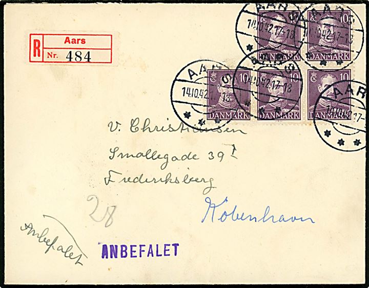 10 øre Chr. X (5) på anbefalet brev annulleret med brotype IIc Aars d. 14.10.1942 til København.