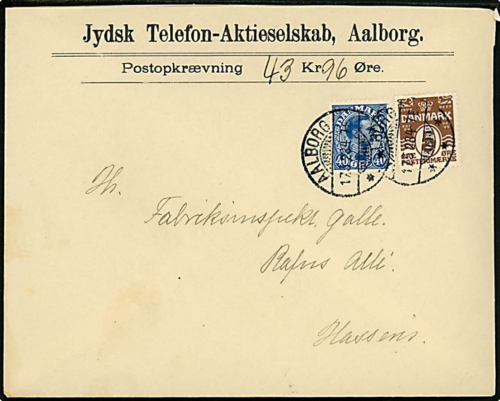 5 øre Bølgelinie og 40 øre Chr. X på lokalbrev med postopkrævning fra Jydsk Telefon-Aktieselskab i Aalborg d. 17.5.1923 til Hasseris.