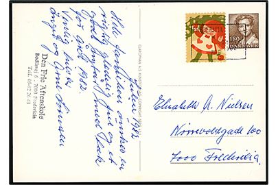 1,80 kr. Margrethe og Julemærke 1982 på lokalt julekort annulleret med blanket-maskinstemepel uden valør i Fredericia d. 21.12.1982. 