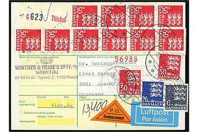 6 kr., 20 kr. og 50 kr. (12) Rigsvåben på 626 kr. frankeret adressekort for luftpostpakke med postopkrævning fra Thisted d. 15.12.1987 til Umanak, Grønland.