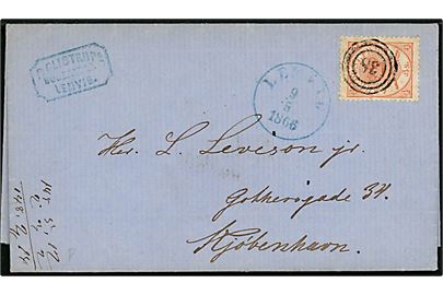 4 sk. Krone/Scepter på brev annulleret nr.stempel 38 og sidestemplet BLÅ antiqua Lemvig d. 9.5.1866 via bureau J.Tværb.P.Sp.B. d. 9.5.1866 til Kjøbenhavn.