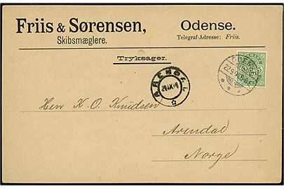 5 øre Våben single på tryksags kort fra firma Friis & Sørensen i Odense d. 22.9.1904 til Arendal, Norge.