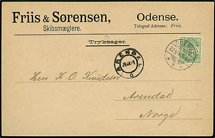 5 øre Våben single på tryksags kort fra firma Friis & Sørensen i Odense d. 22.9.1904 til Arendal, Norge.