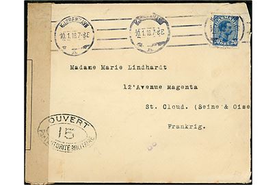 20 øre Chr. X på brev fra Kjøbenhavn d. 10.1.1918 til St. Cloud, Frankrig. Åbnet af fransk censur i Dieppe med censurstempel no. 15.