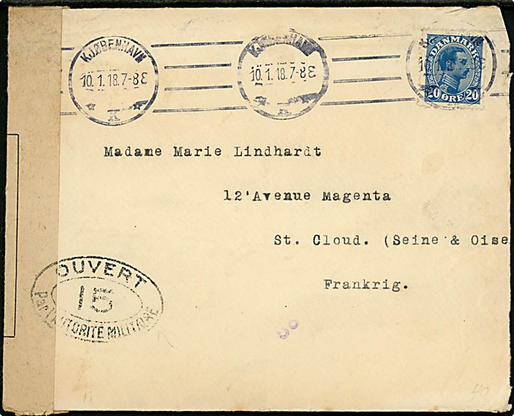 20 øre Chr. X på brev fra Kjøbenhavn d. 10.1.1918 til St. Cloud, Frankrig. Åbnet af fransk censur i Dieppe med censurstempel no. 15.