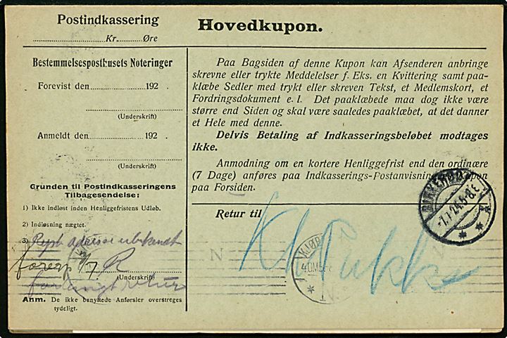 30 øre Chr. X på retur Indkasserings-Postanvisning fra Kjøbenhavn 11 d. 2.7.1924 til Birkerød.