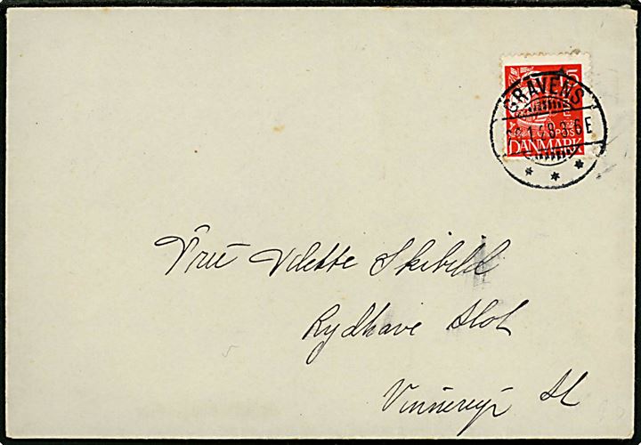 15 øre Karavel på brev annulleret med brotype Ia Gravens d. 29.1.1928 til Rydhave slot pr. Vinderup St.