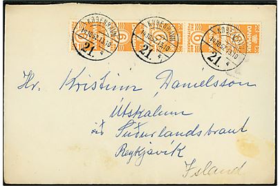 6 øre Bølgelinie i 5-stribe på brev fra København d. 14.10.1952 til Reykjavik, Island.