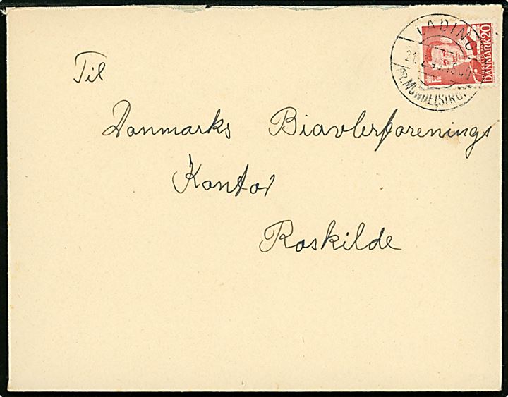 20 øre Fr. IX på brev annulleret med pr.-stempel Lading pr. Mundelstrup d. 21.2.1949 til Roskilde.
