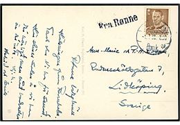 20 øre Fr. IX på brevkort fra Rønne annulleret København Omk sn20 d. 1.7.1958 og sidestemplet Fra Rønne til Lidköping, Sverige.
