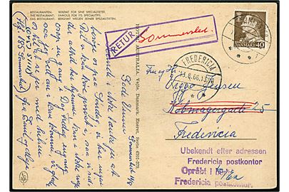 40 øre Fr. IX på brevkort fra Sommersted d. 11.8.1966 til Fredericia. Retur som ubekendt med stempel Opråbt i budstuen / Fredericia postkontor.