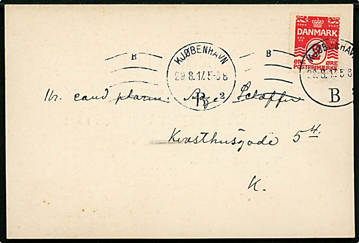 2 øre Bølgelinie single på lokalt tryksagskort i Kjøbenhavn d. 29.8.1917.