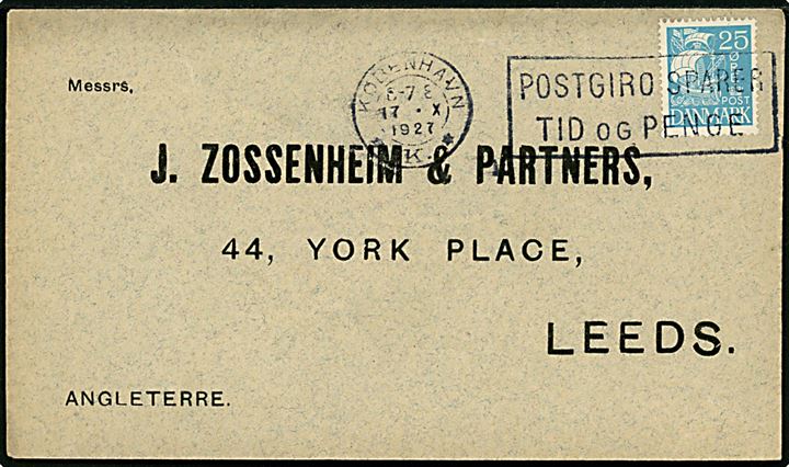 25 øre Karavel på brev fra København d. 17.10.1927 til Leeds, England.